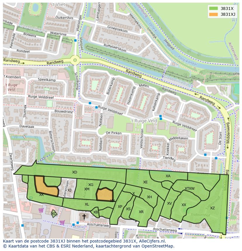 Afbeelding van het postcodegebied 3831 XJ op de kaart.