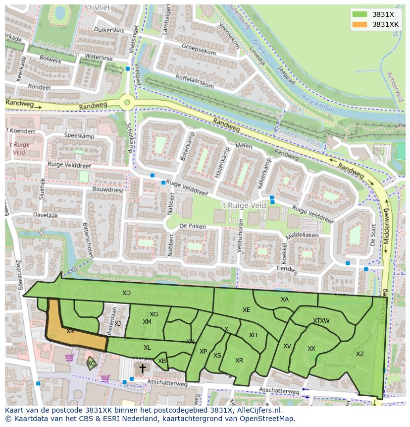 Afbeelding van het postcodegebied 3831 XK op de kaart.