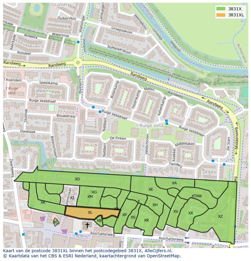 Afbeelding van het postcodegebied 3831 XL op de kaart.