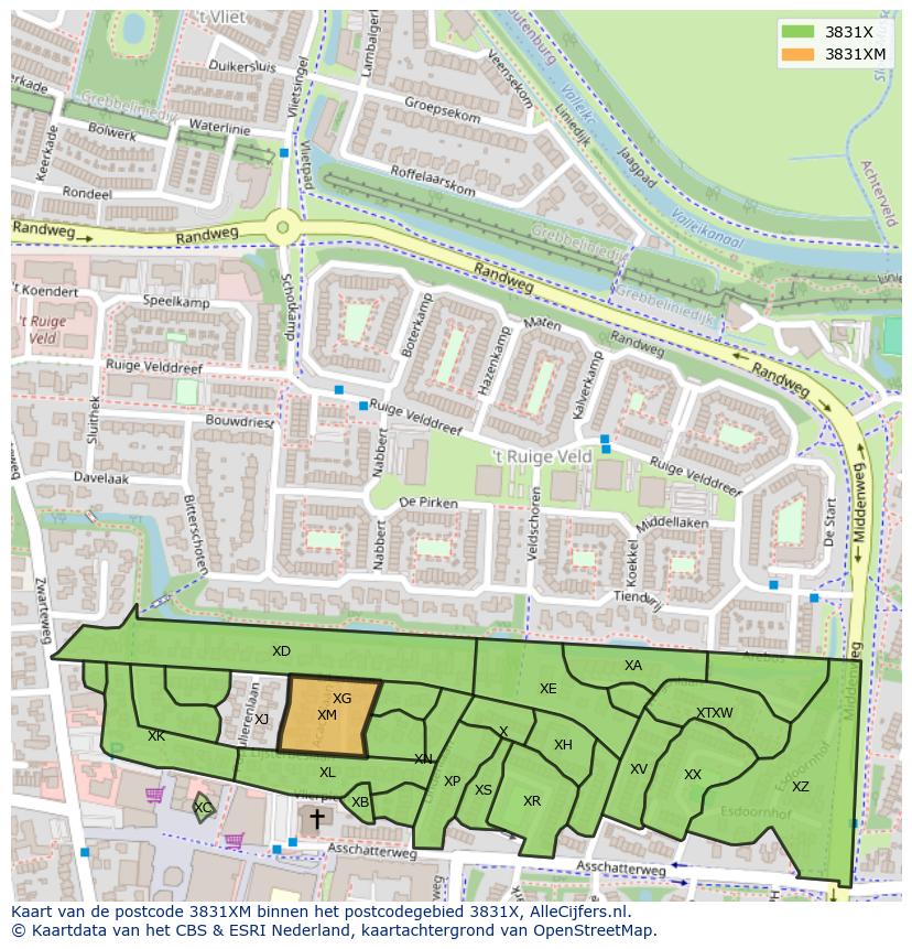 Afbeelding van het postcodegebied 3831 XM op de kaart.