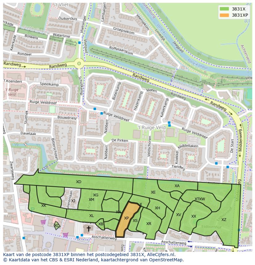 Afbeelding van het postcodegebied 3831 XP op de kaart.