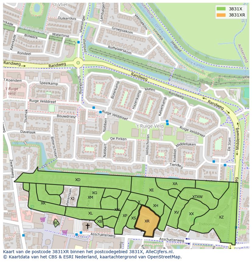 Afbeelding van het postcodegebied 3831 XR op de kaart.