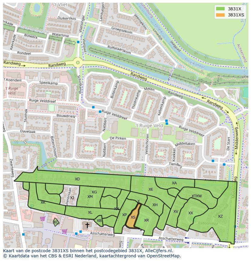 Afbeelding van het postcodegebied 3831 XS op de kaart.