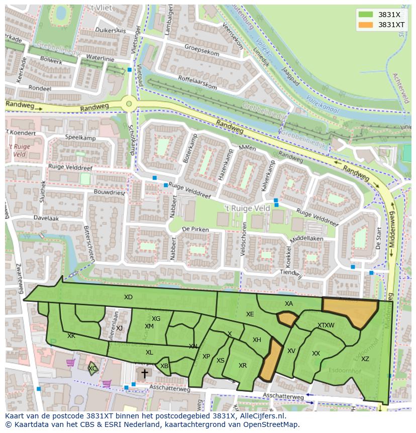 Afbeelding van het postcodegebied 3831 XT op de kaart.