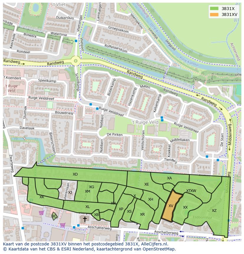 Afbeelding van het postcodegebied 3831 XV op de kaart.