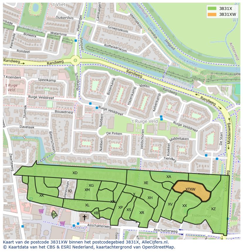 Afbeelding van het postcodegebied 3831 XW op de kaart.
