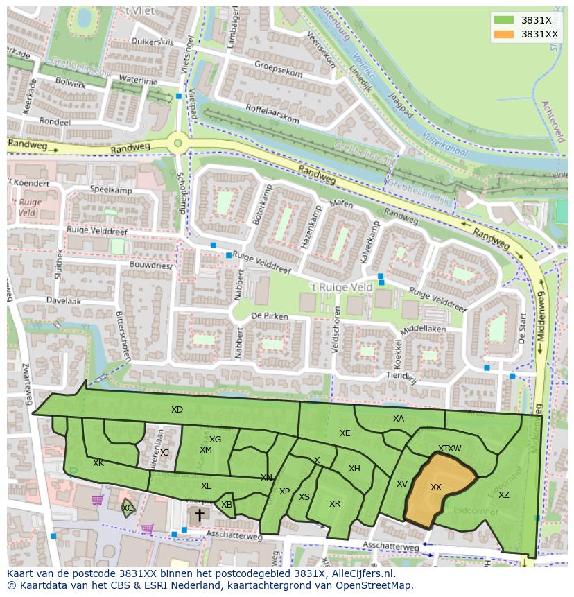 Afbeelding van het postcodegebied 3831 XX op de kaart.