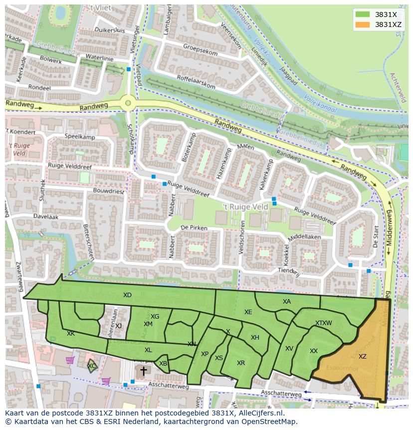 Afbeelding van het postcodegebied 3831 XZ op de kaart.