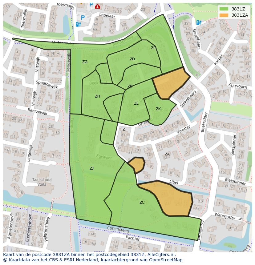 Afbeelding van het postcodegebied 3831 ZA op de kaart.