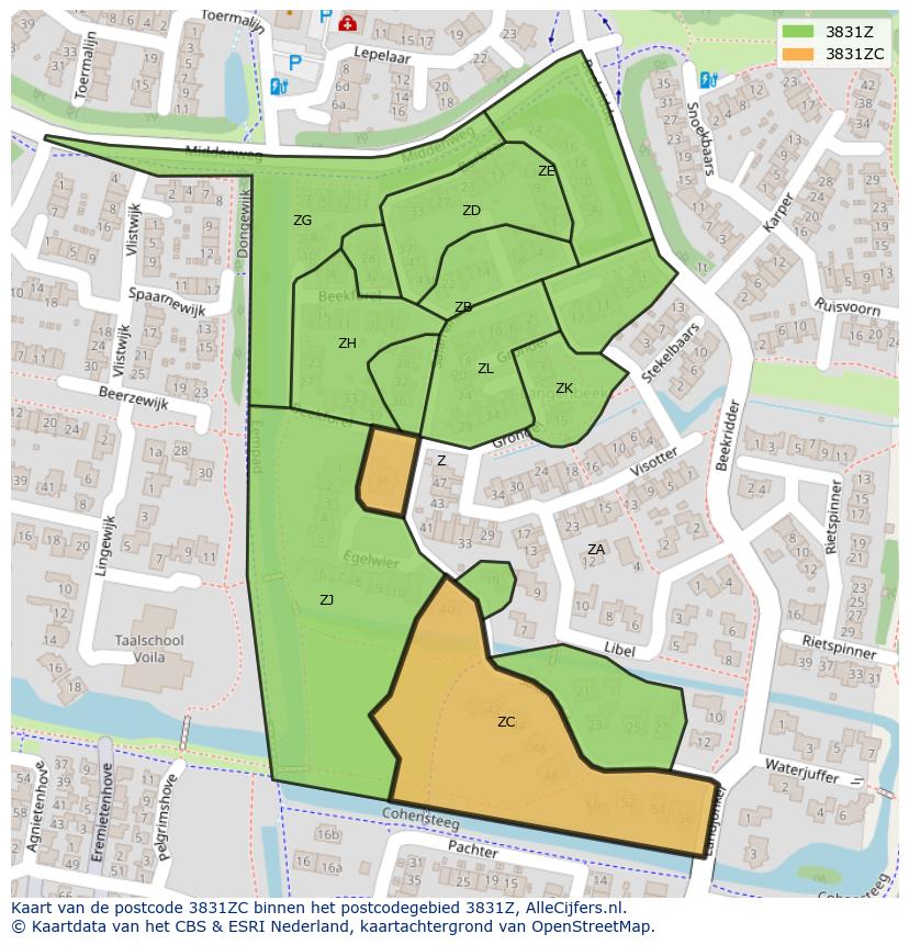 Afbeelding van het postcodegebied 3831 ZC op de kaart.