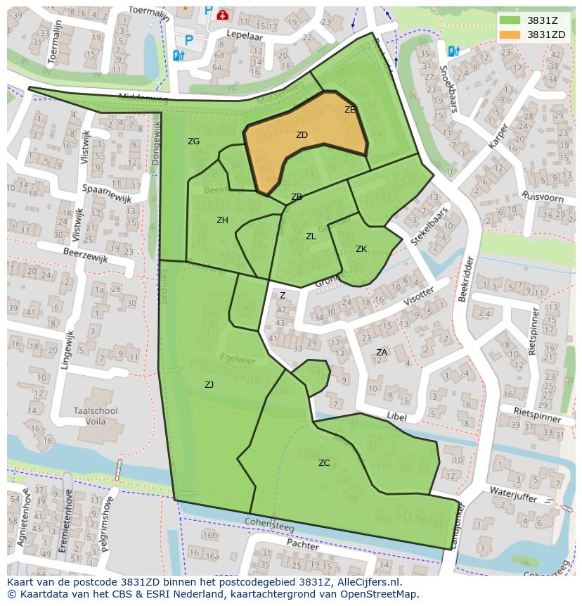 Afbeelding van het postcodegebied 3831 ZD op de kaart.