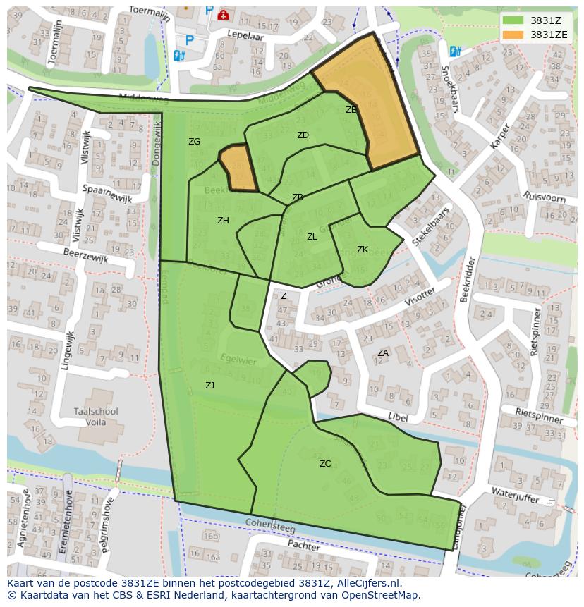 Afbeelding van het postcodegebied 3831 ZE op de kaart.