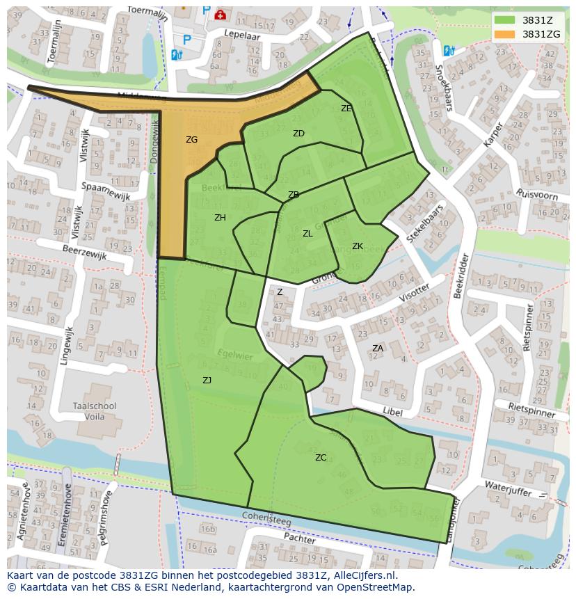 Afbeelding van het postcodegebied 3831 ZG op de kaart.