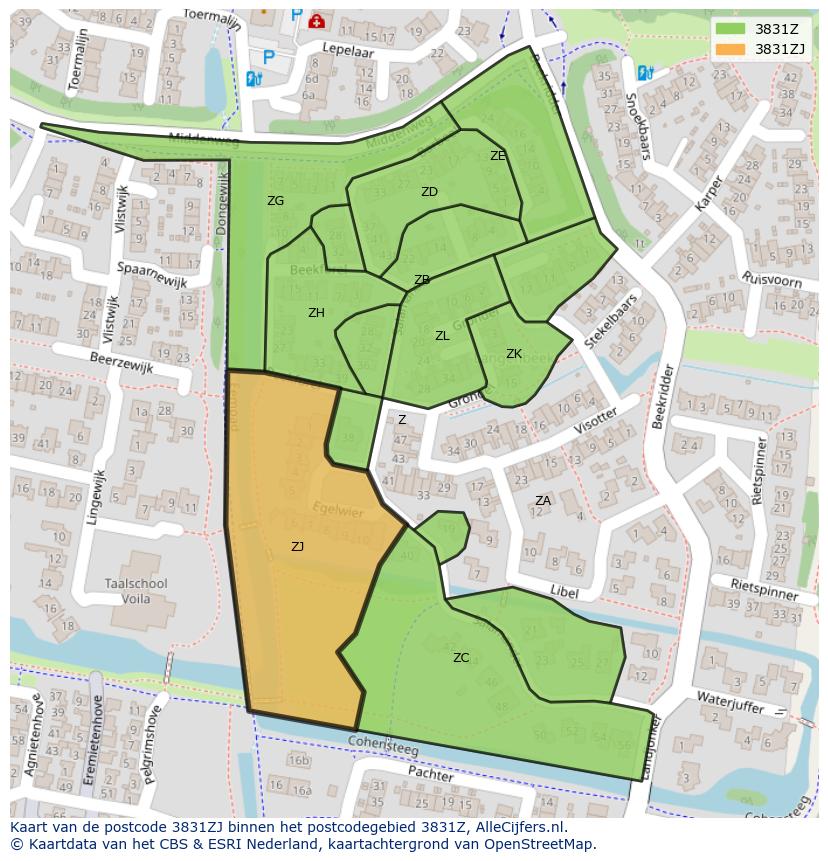 Afbeelding van het postcodegebied 3831 ZJ op de kaart.