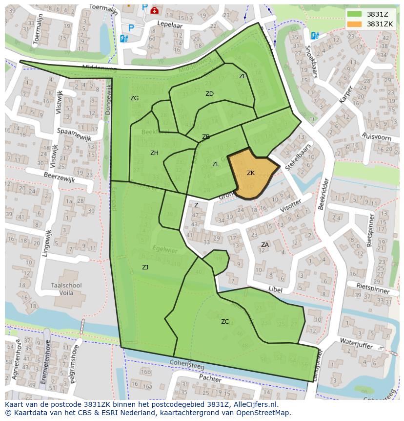Afbeelding van het postcodegebied 3831 ZK op de kaart.