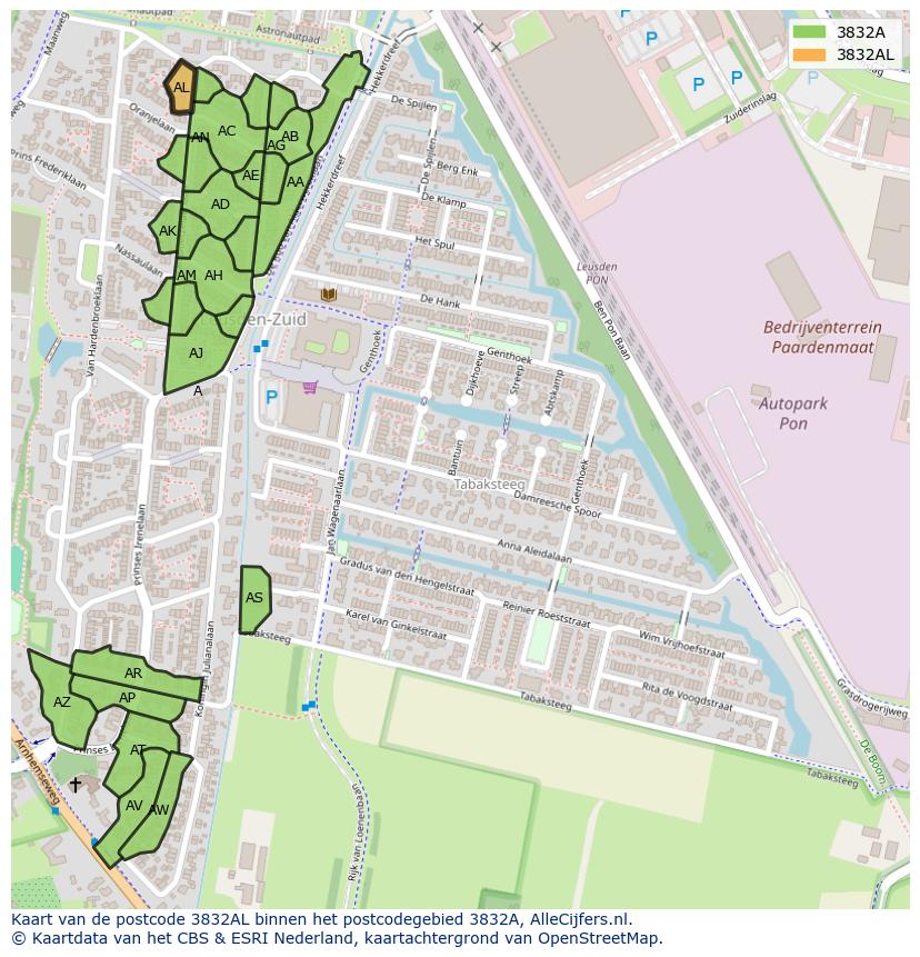 Afbeelding van het postcodegebied 3832 AL op de kaart.