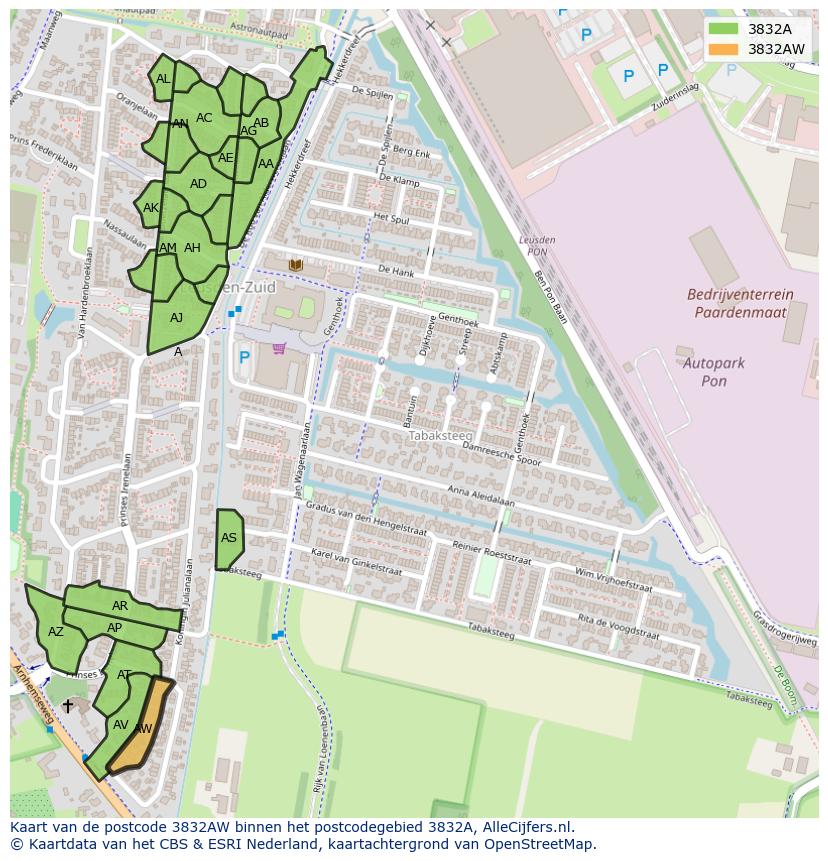 Afbeelding van het postcodegebied 3832 AW op de kaart.