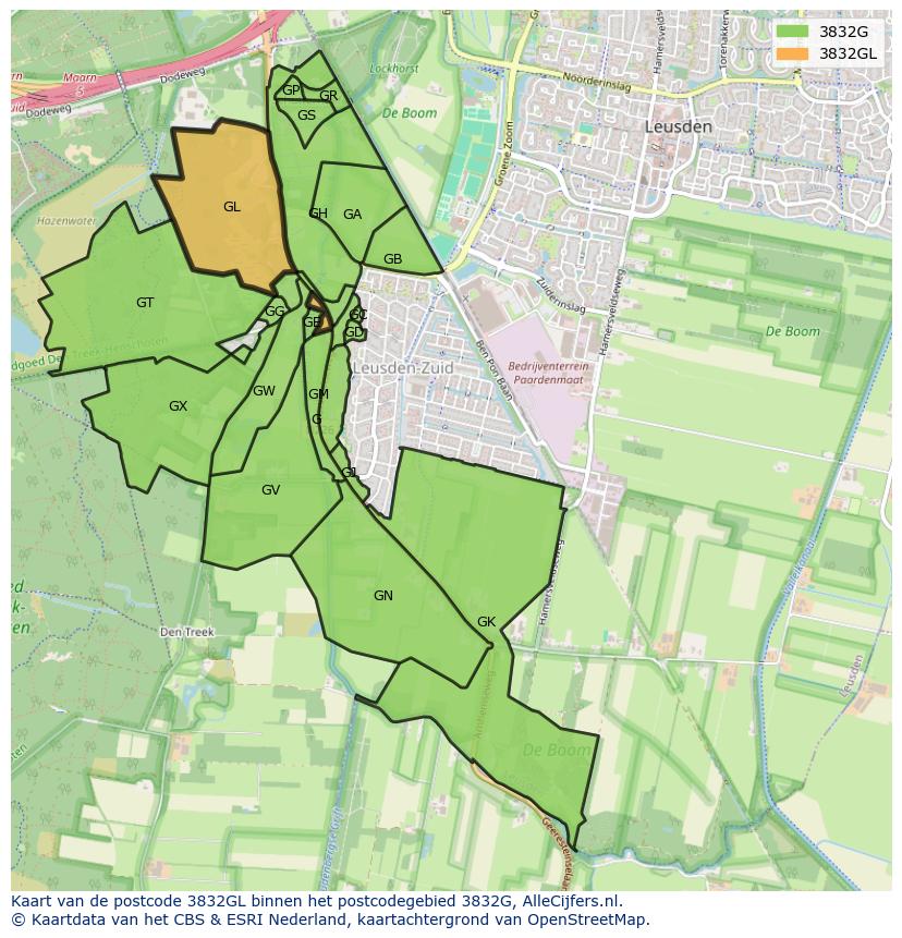 Afbeelding van het postcodegebied 3832 GL op de kaart.