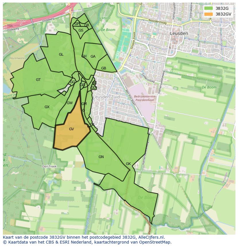 Afbeelding van het postcodegebied 3832 GV op de kaart.
