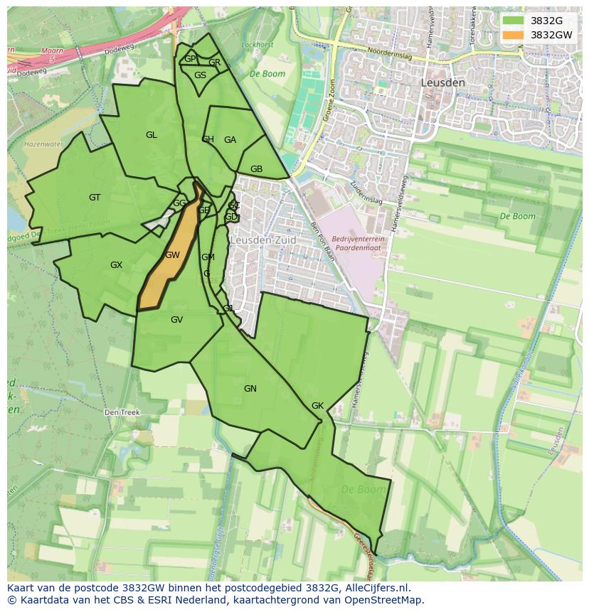 Afbeelding van het postcodegebied 3832 GW op de kaart.