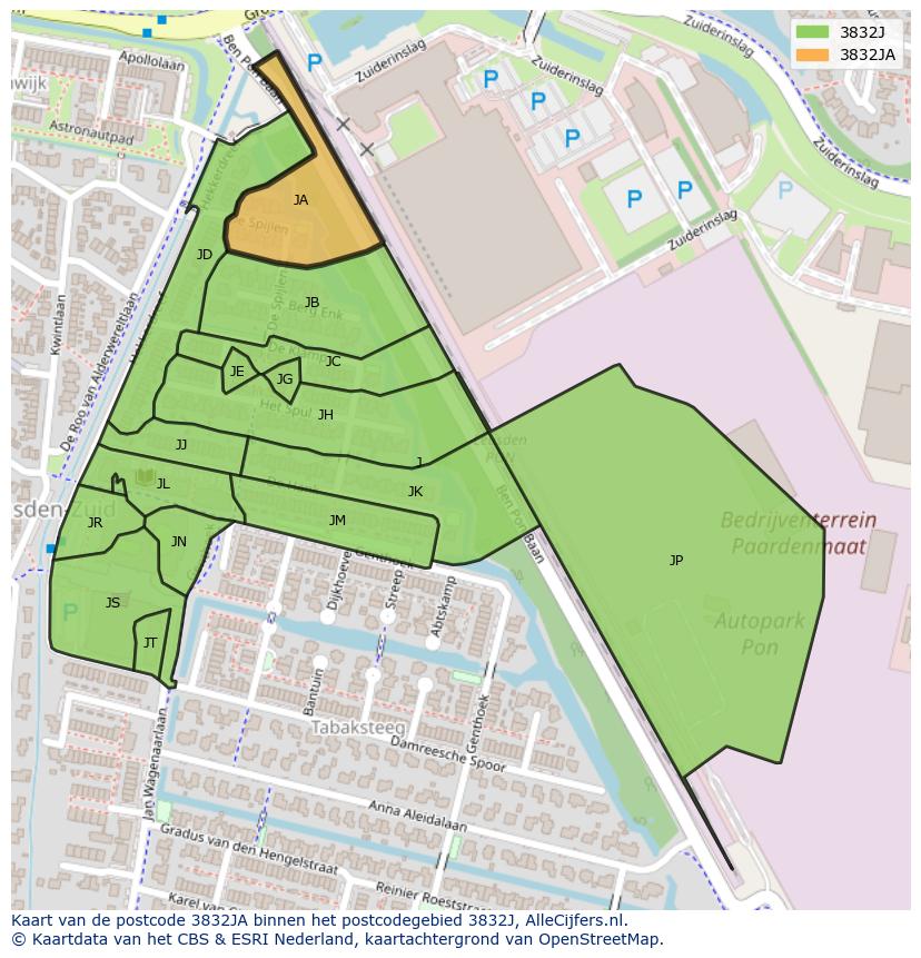 Afbeelding van het postcodegebied 3832 JA op de kaart.