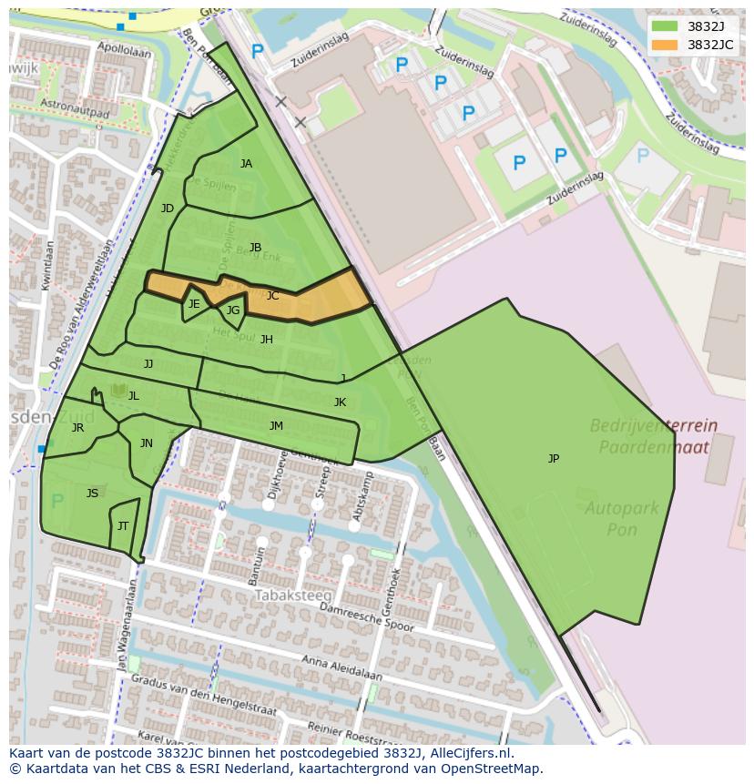 Afbeelding van het postcodegebied 3832 JC op de kaart.