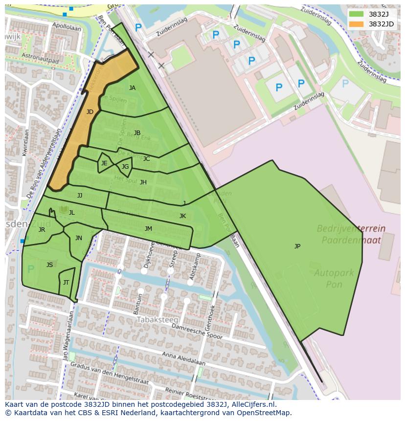 Afbeelding van het postcodegebied 3832 JD op de kaart.