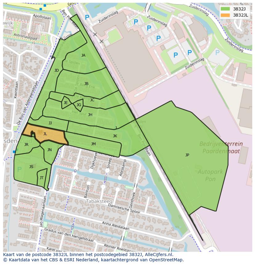 Afbeelding van het postcodegebied 3832 JL op de kaart.
