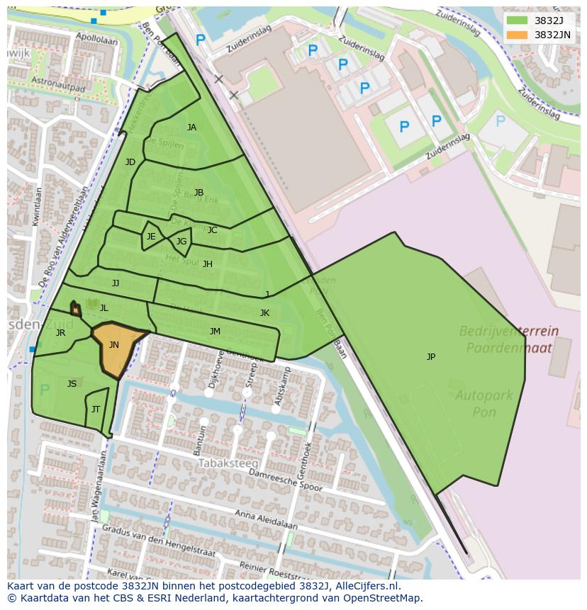 Afbeelding van het postcodegebied 3832 JN op de kaart.