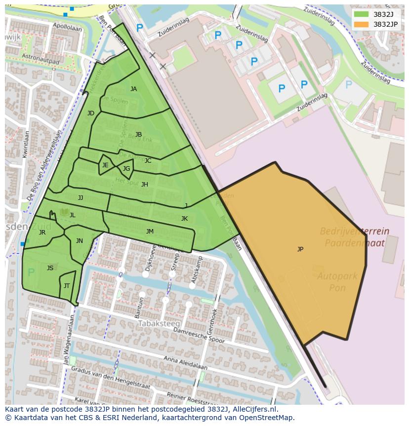 Afbeelding van het postcodegebied 3832 JP op de kaart.