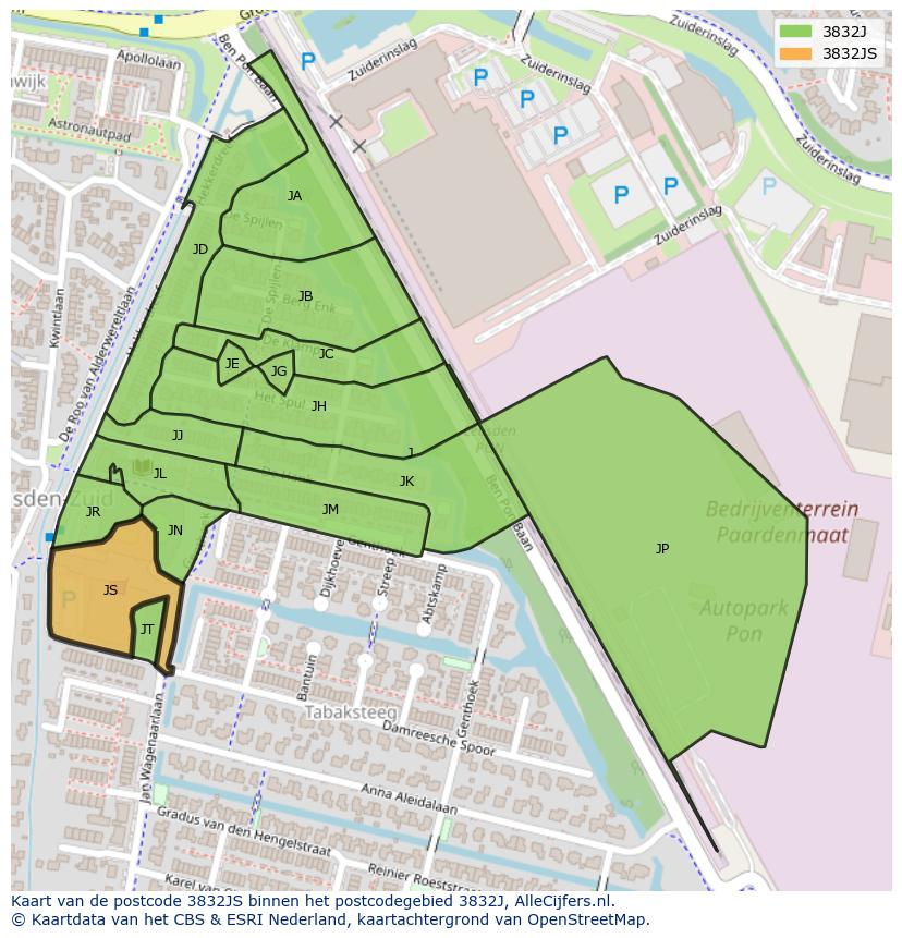 Afbeelding van het postcodegebied 3832 JS op de kaart.