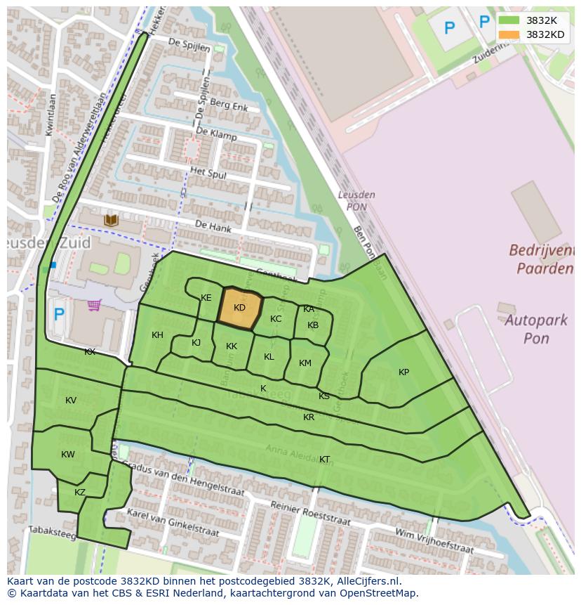 Afbeelding van het postcodegebied 3832 KD op de kaart.