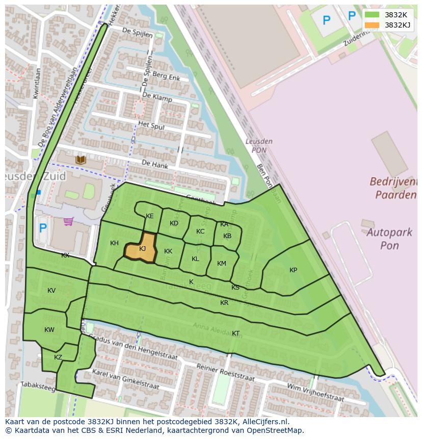 Afbeelding van het postcodegebied 3832 KJ op de kaart.