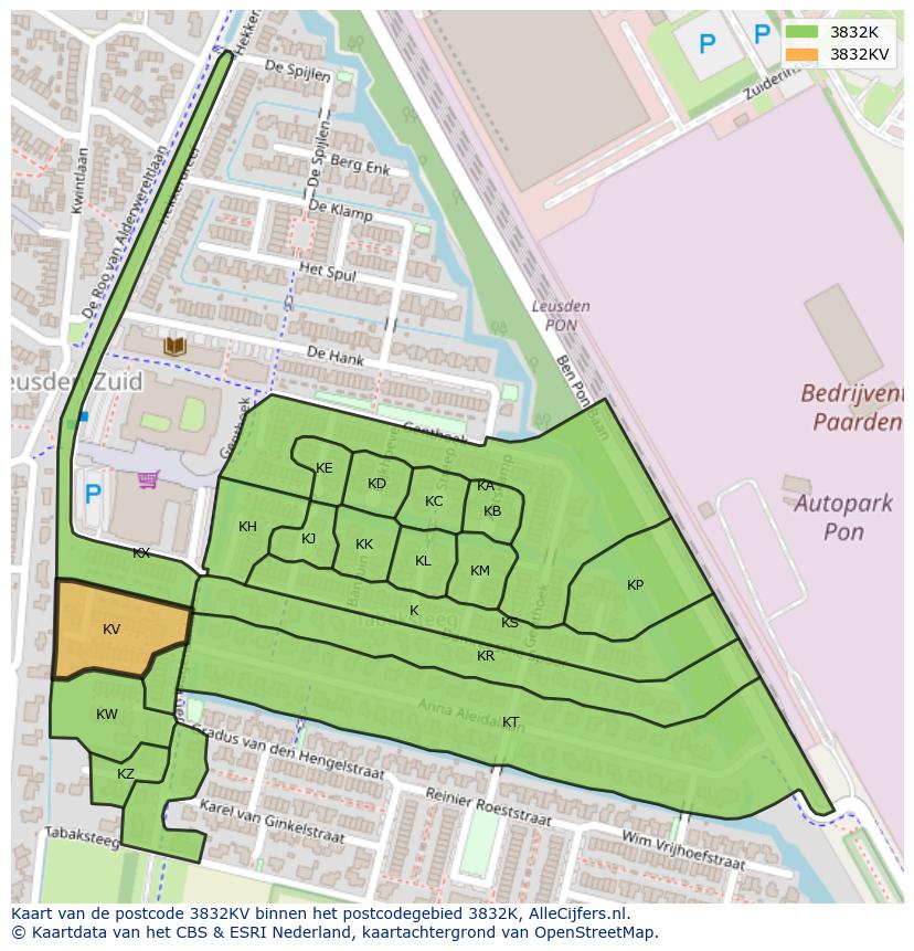 Afbeelding van het postcodegebied 3832 KV op de kaart.