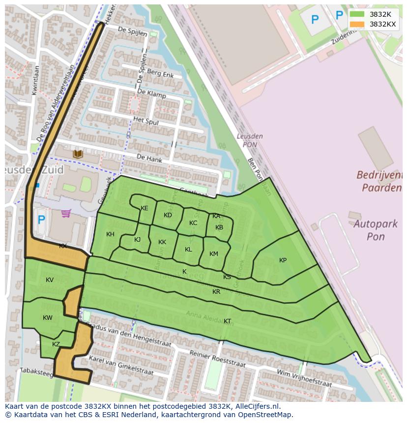 Afbeelding van het postcodegebied 3832 KX op de kaart.