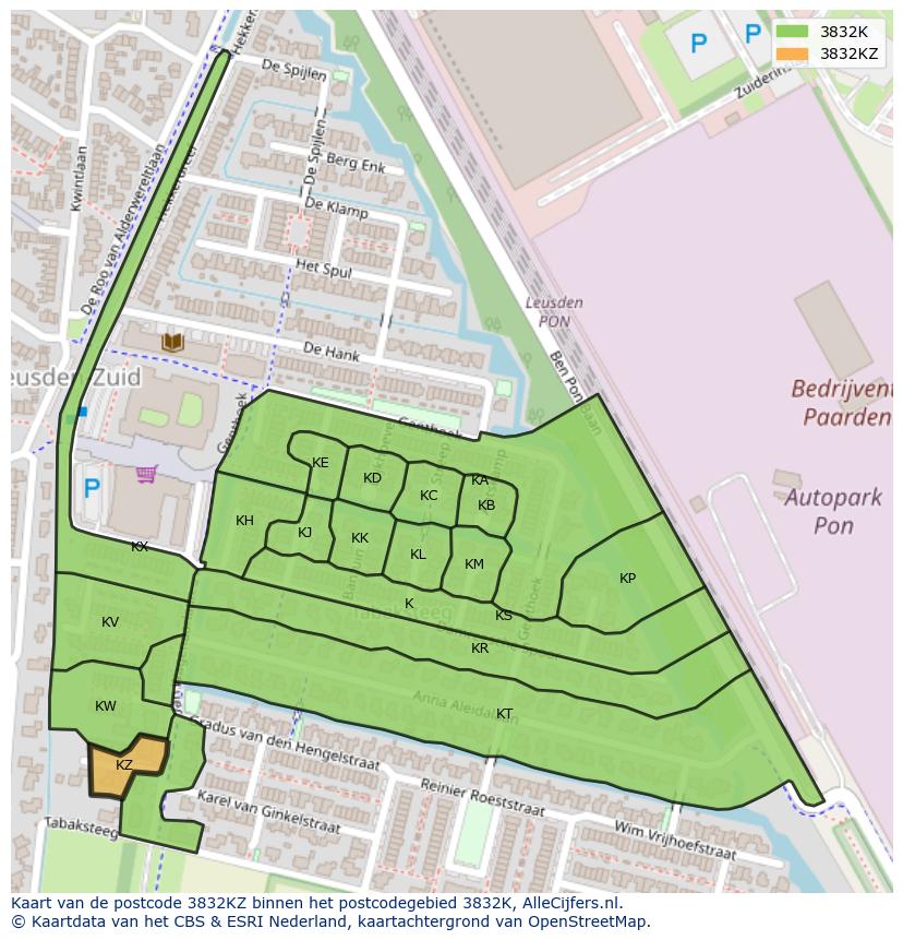 Afbeelding van het postcodegebied 3832 KZ op de kaart.