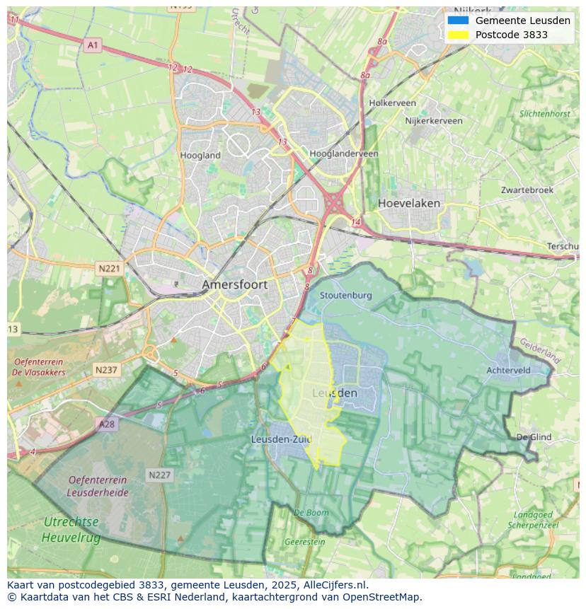Afbeelding van het postcodegebied 3833 op de kaart.