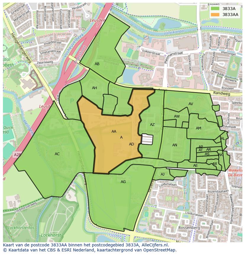 Afbeelding van het postcodegebied 3833 AA op de kaart.