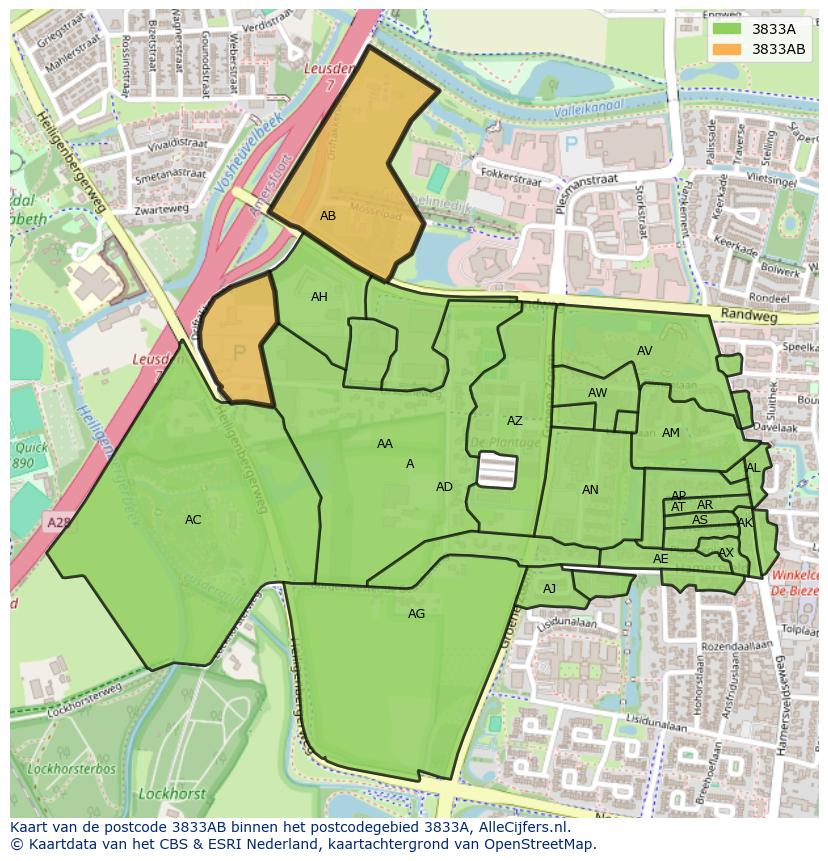 Afbeelding van het postcodegebied 3833 AB op de kaart.