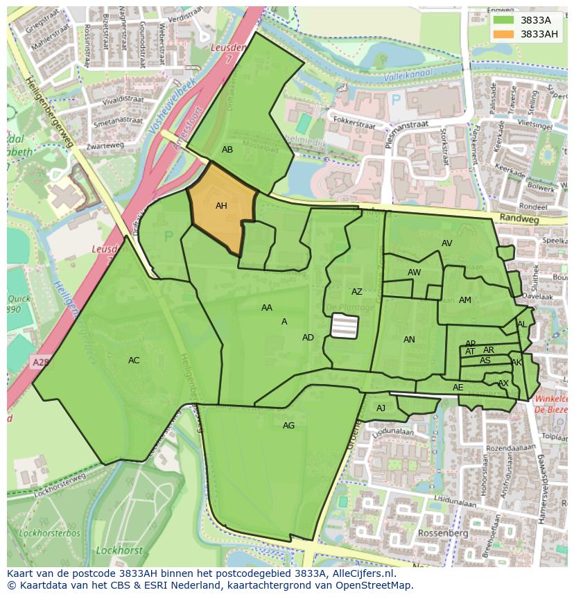 Afbeelding van het postcodegebied 3833 AH op de kaart.