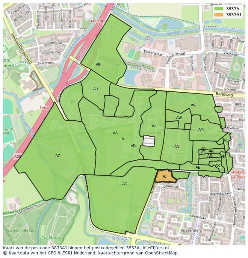 Afbeelding van het postcodegebied 3833 AJ op de kaart.