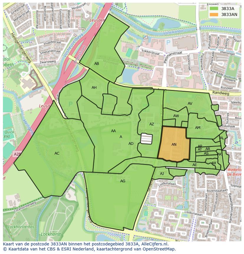 Afbeelding van het postcodegebied 3833 AN op de kaart.