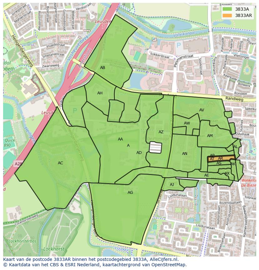 Afbeelding van het postcodegebied 3833 AR op de kaart.
