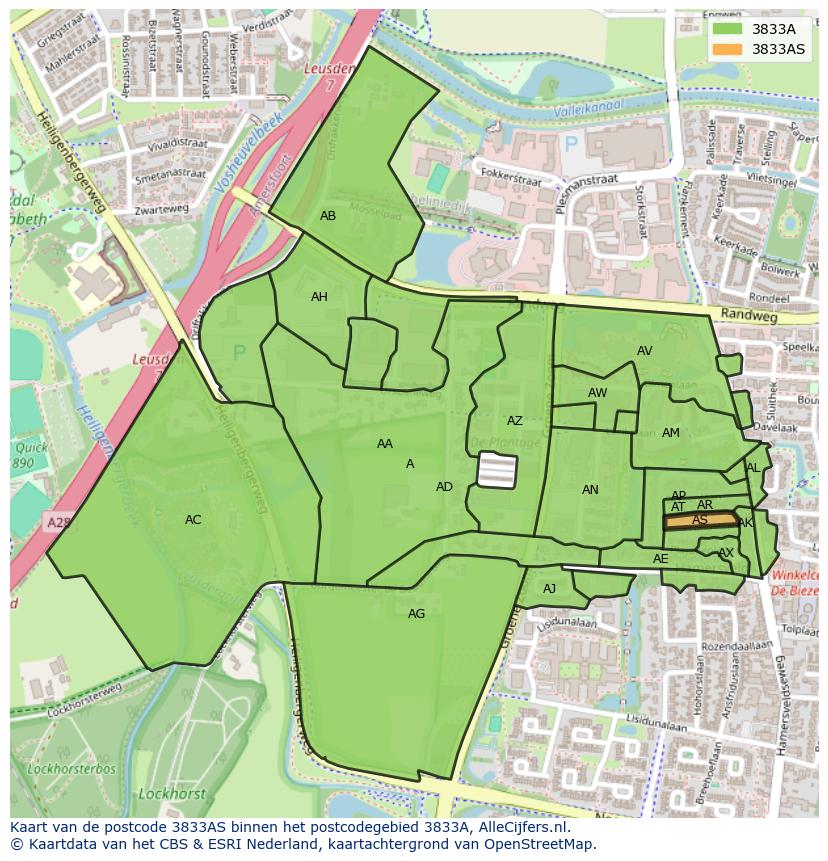 Afbeelding van het postcodegebied 3833 AS op de kaart.