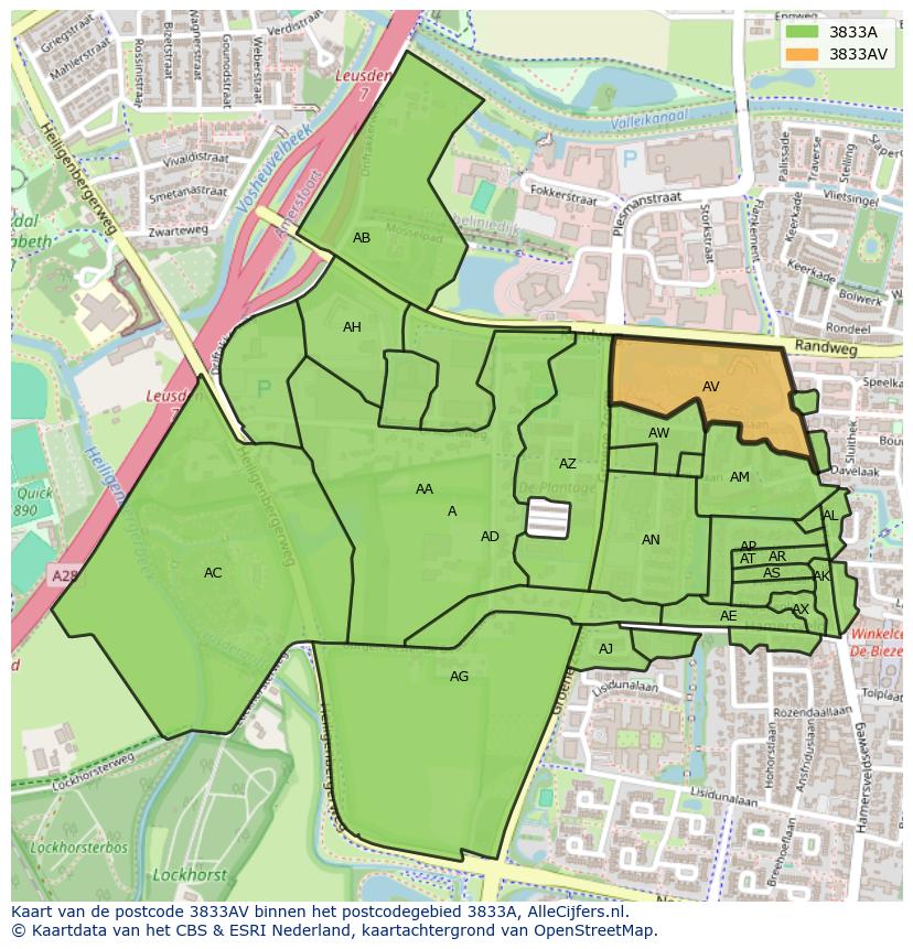 Afbeelding van het postcodegebied 3833 AV op de kaart.