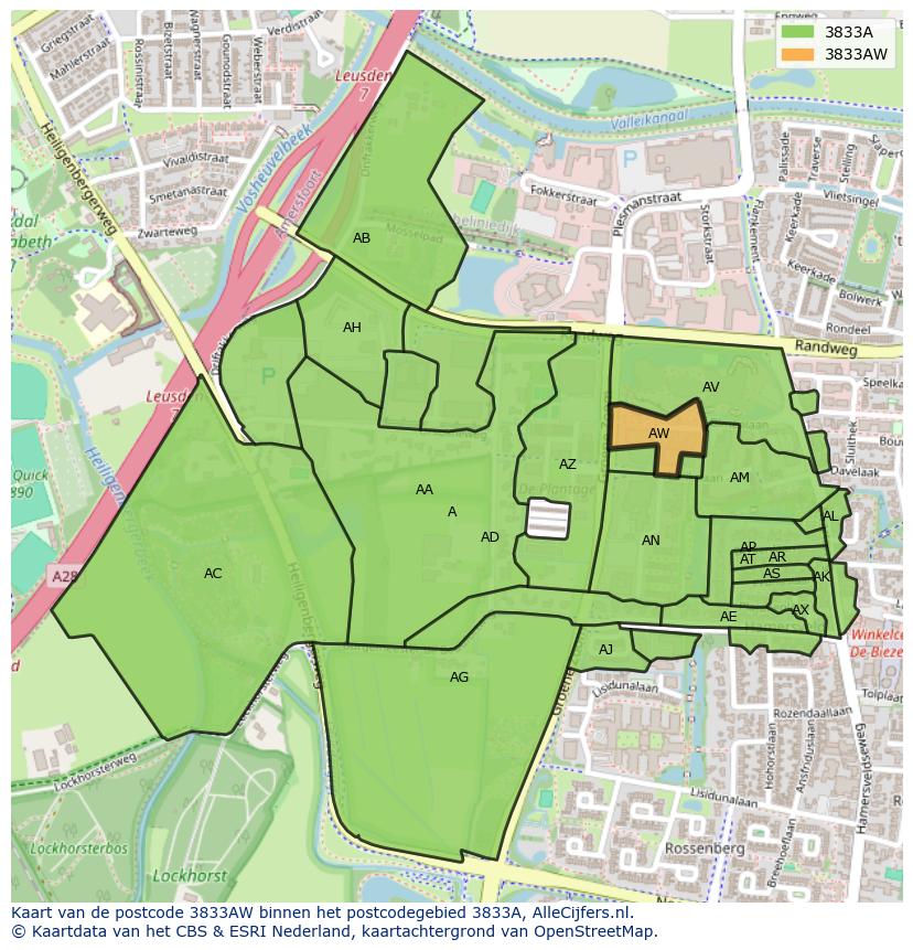 Afbeelding van het postcodegebied 3833 AW op de kaart.