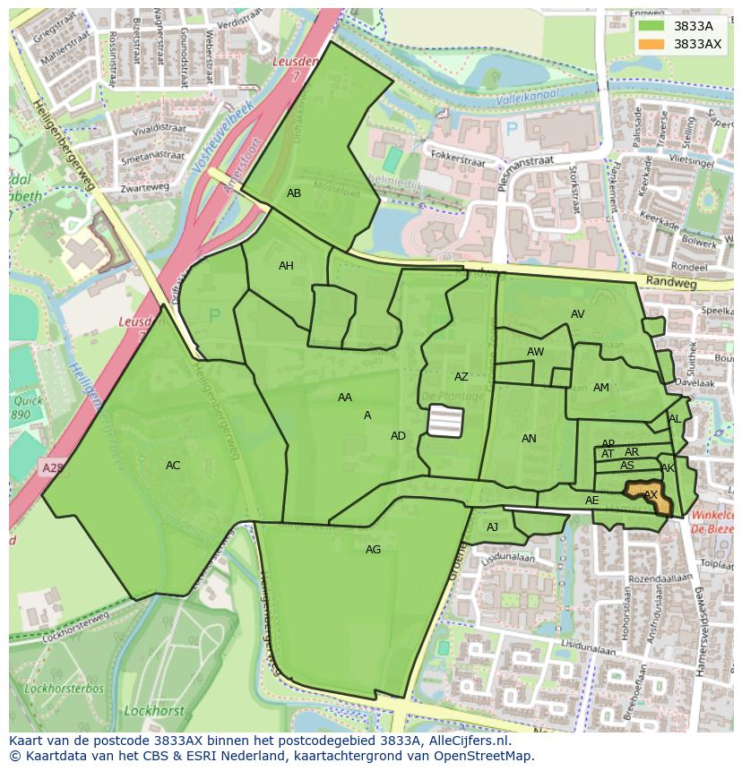 Afbeelding van het postcodegebied 3833 AX op de kaart.