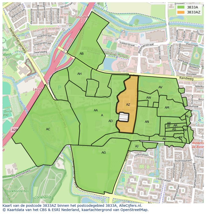 Afbeelding van het postcodegebied 3833 AZ op de kaart.