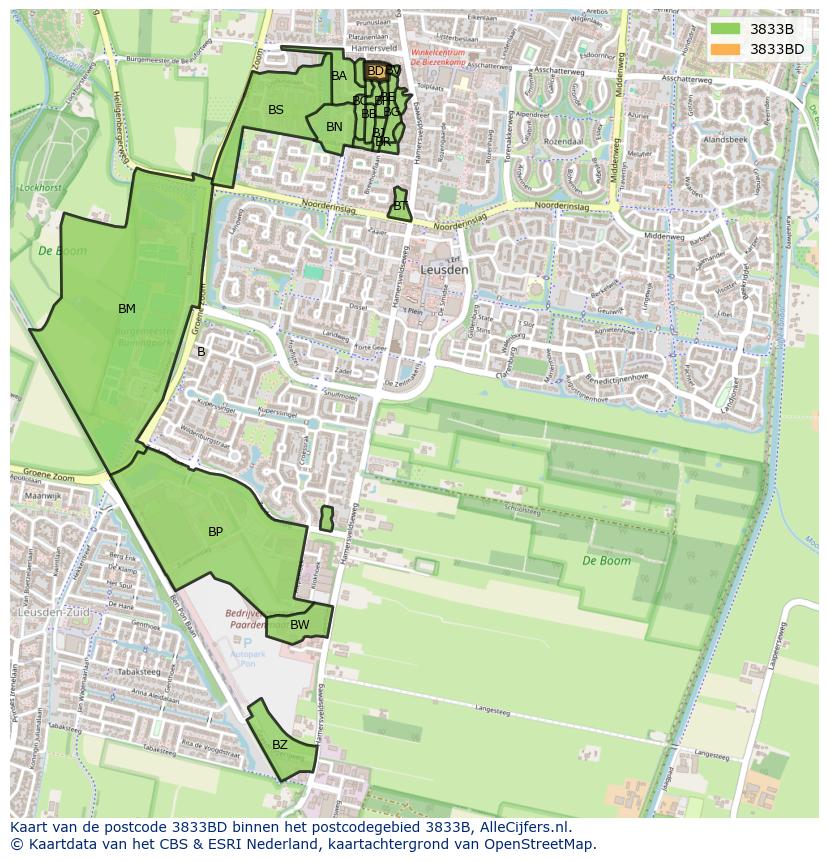Afbeelding van het postcodegebied 3833 BD op de kaart.