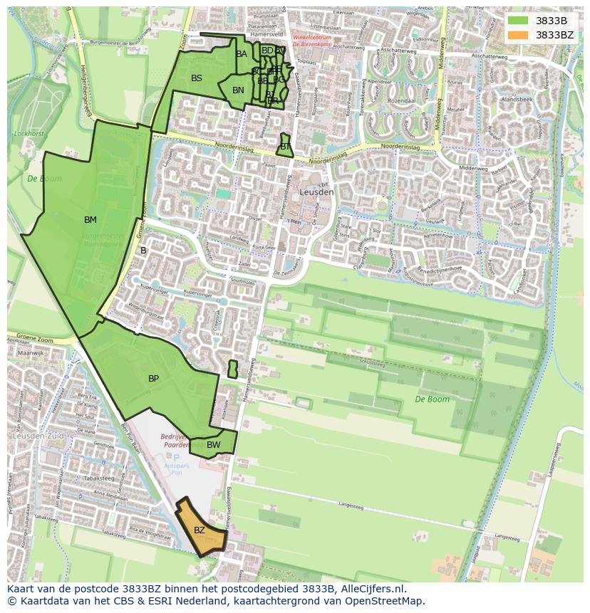 Afbeelding van het postcodegebied 3833 BZ op de kaart.